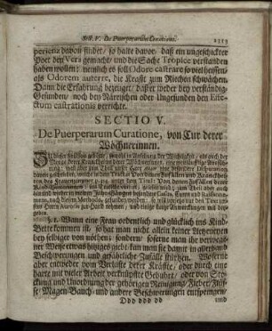 Sectio V. De Puerperarum Curatione, von Cur derer Wöchnerinnen.
