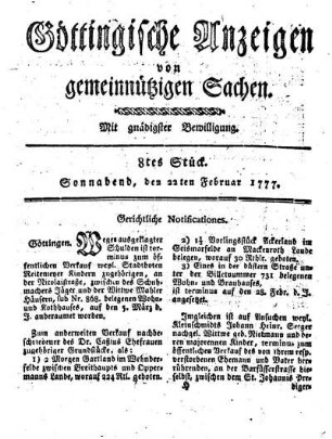8tes Stück. Sonnabend, den 22ten Februar 1777.