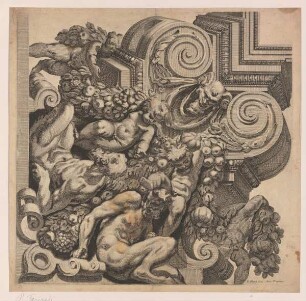 Satyrn und Putti mit Girlande