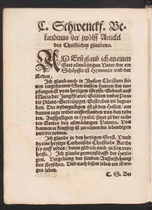 C. Schwenckf. Bekandtnus der zwölff Artickel des Christlichen glaubens.