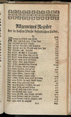 Allgemeines Register der in diesem Buche befindlichen Lieder.