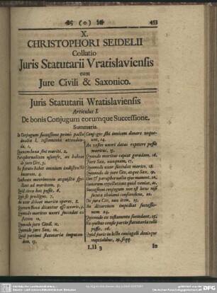 X. Christophori Seidelii Collatio Iuris Statutarii Vratislaviensis cum Iure Civili & Saxonico