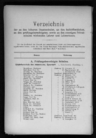 Verzeichnis der an den höheren Staatsschulen, an den halböffentlichen, an den prüfungsberechtigten, sowie an den sonstigen Privatschulen wirkenden Lehrer/-innen