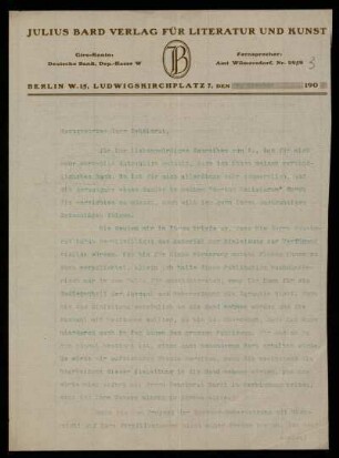 Nr. 3 Brief des Julius-Bard-Verlags für Literatur und Kunst an Ulrich von Wilamowitz-Moellendorff. Berlin, 5.10.1907