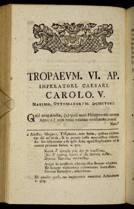 Tropaevm. VI. AP. Imperatori. Caesari. Carolo. V. Maximo. Ottomanorvm. Domitori.
