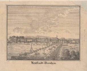 Stadtansicht von Dresden, Blick von der Altstadt über die Augustusbrücke auf die Neustadt (Dreikönigskirche noch ohne Turm)