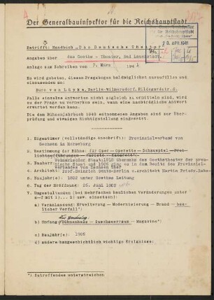 Goethe Theater, Bad Lauchstädt: Fragebogen für das Handbuch »Das Deutsche Theater«, erste Fassung, vierseitiges Dokument