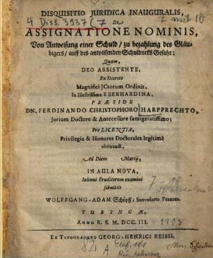 Disquisitio iur. inaug. de assignatione nominis, Von Anweisung einer Schuld zu bezahlung des Gläubigers auff des anweisenden Schuldners Gefahr