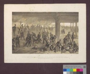"Das Füsilier-Bataillon K. Preuss. 17. Infanterie-Regiments und die 3. Comp. K. Preuss. 8. Jäger-Bataillons halten in dem Gefecht von Waghäusel am 21. Juni 1849 die Zucker-Fabrik besetzt."