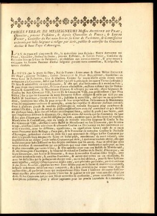 Procés verbal de messeigneurs messire Antoine du Prat ... & Louis Picot ...