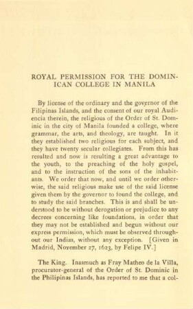Royal permission for the Dominican college in Manila