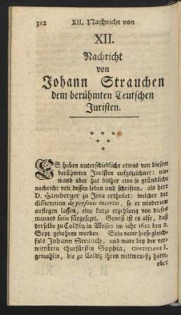 XII. Nachricht von Johann Strauchen, den berühmten Teutschen Juristen