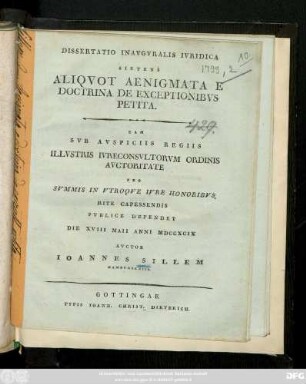 Dissertatio Inavgvralis Ivridica Sistens Aliqvot Aenigmata E Doctrina De Exceptionibvs Petita
