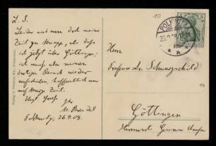 Nr. 10 Postkarte von Martin Brendel an Karl Schwarzschild. Polkwitz, 26.9.1908