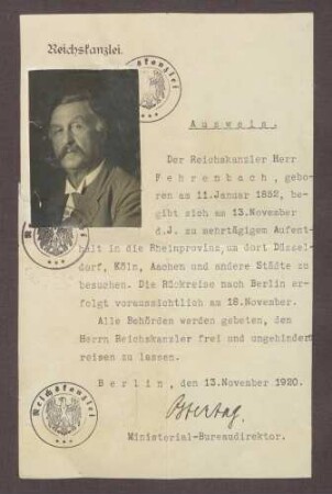 Ausweis von Constantin Fehrenbach über eine Reise in die Rheinprovinzen und die Dauer der Reise