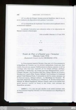 (85) Traité de Paix et d'Amitié avec l'Arménie (Batoum, 4 juin 1918)
