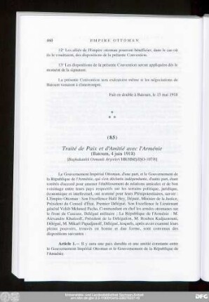 (85) Traité de Paix et d'Amitié avec l'Arménie (Batoum, 4 juin 1918)