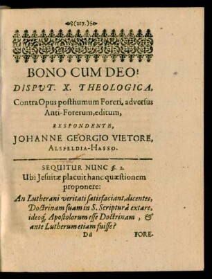 Disputatio X. Theologica, ... Respondente, Johanne Georgio Vietore, Alsfeldia-Hasso.