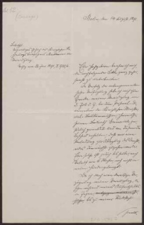 Schreiben an den kgl. Regierungspräsidenten Graf Hue de Grais (Briefentwurf)