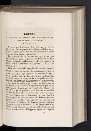 Lettre au rédacteur des mémoires, sur deux monnaies inédites de syrie d'arménie