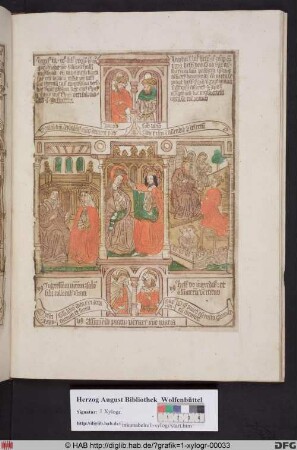 Drei biblische Szenen umgeben von vier Propheten. Links Salomon und Bathseba, mittig Krönung Mariä, rechts Esther vor König Ahasver.