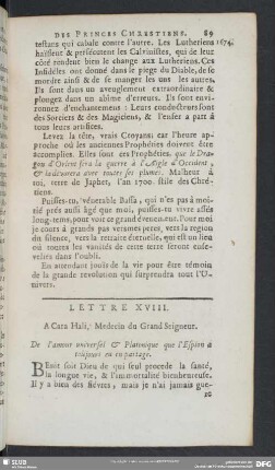 Lettre XVIII. A Cara Hali, Medecin du Gran Seigneur