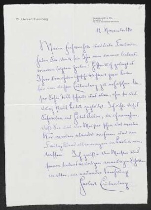Brief von Herbert Eulenberg an Margarete Hauptmann