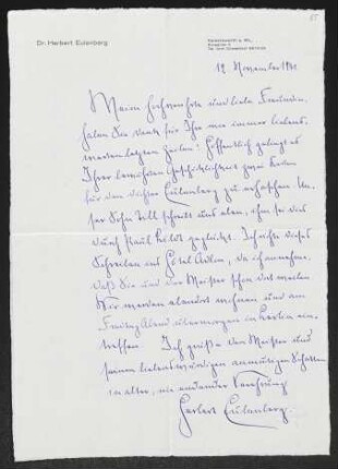 Brief von Herbert Eulenberg an Margarete Hauptmann