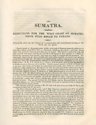Sumatra. Directions for the west coast of Sumatra from Pulo Rhiah to Pandang