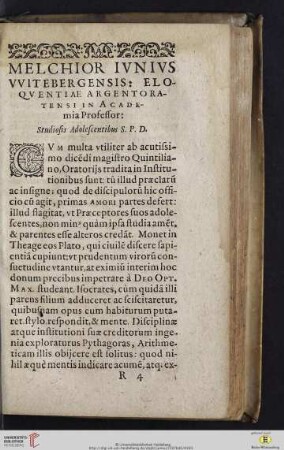 Melchior Ivnivs VVitebergensis: Eloqvuentiae Argentoratensi in Academia Professor