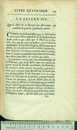 Chapitre XIV. Que le Mot de la Devise doit estre court: & combien de paroles y peuvent entrer.