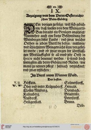 IX. Anzaigung von dem Unter-Oestereichischen Wein-Gebürg