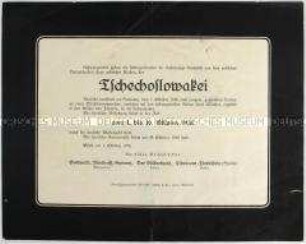 Propagandaflugblatt im Layout einer ironischen Todesanzeige zur Zerschlagung der Tschechoslowakei durch die Annexion des Sudetenlandes