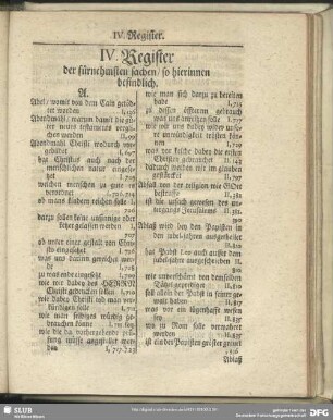 IV. Register der fürnehmsten sachen, so hierinnen befindlich