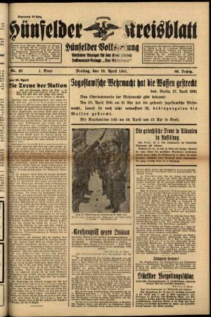 Erste Ausgabe vom Freitag, den 18. April 1941.