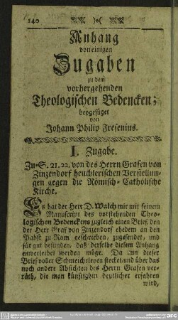 Anhang von einigen Zugaben zu dem vorhergehenden Theologischen Bedencken