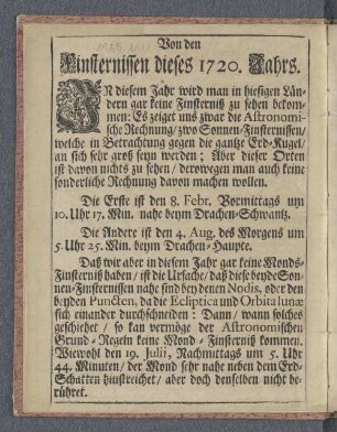 Von den Finsternissen dieses 1720. Jahrs.