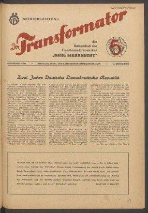 TRO-Betriebszeitung 'Der Transformator'; keine Angabe zur Ausgabenummer (11)/1951 (Oktober 1951)