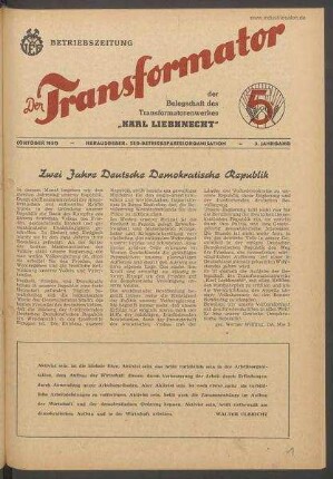 TRO-Betriebszeitung 'Der Transformator'; keine Angabe zur Ausgabenummer (11)/1951 (Oktober 1951)