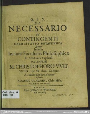 De necessario & contingenti exercitatio metaphysica