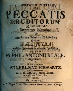 Dissertatio Moralis, De Peccatis Eruditorum