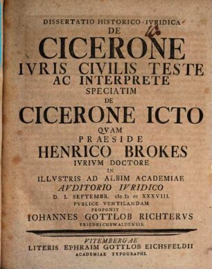 Dissertatio Historico-Ivridica De Cicerone Ivris Civilis Teste Ac Interprete Speciatim De Cicerone ICto