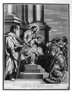 Die heilige Katharina (Rosalie) empfängt die Märtyrerkrone : Mariette, Pierre nach Dyck, Anton van. Kopie nach Pontius, Paulus. Die heilige Katharina (Rosalie) empfängt die Märtyrerkrone. Kupferstich; 44 x 33,8 cm. Dresden: Kupferstich-Kabinett A 33167 in A 1285, 3 / 1286, 3, van Dyck, Tom IV (S. 31)