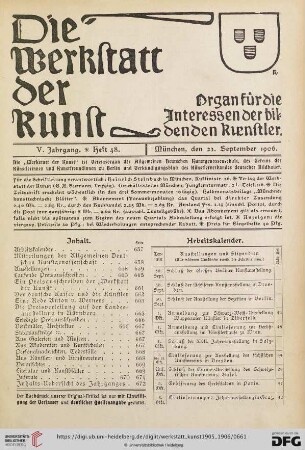 Inhalt / Arbeitskalender / Mitteilungen der Allgemeinen Deutschen Kunstgenossenschaft / Geplante Ausstellungen / Eröffnete Ausstellungen / Laufende Preisausschreiben