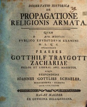 Dissertatio historica de propagatione religionis armata