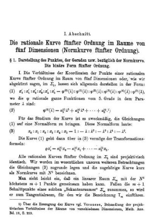 I. Abschnitt. - Die rationale Kurve fünfter Ordnung im Raume von fünf Dimensionen (Normkurve fünfter Ordnung).