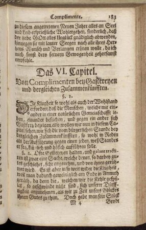 Das VI. Capitel. Von Complimenten bey Gastereyen und dergleichen Zusammenkünfften.