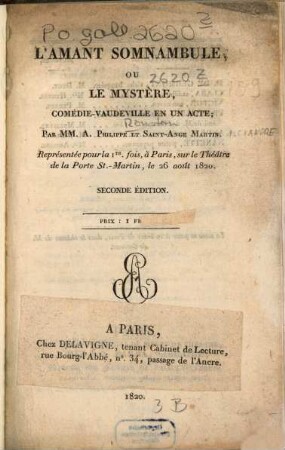 L' amant somnambule, ou le mystère : Comédie-vaudeville en un acte