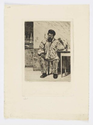 Bärtiger Mann am Tisch sitzend, aus: Émile Zola, "Der Totschläger", Paris 1879