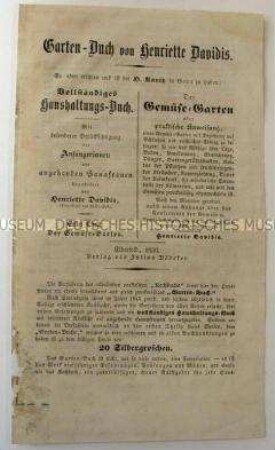 Garten-Buch von Henriette Davidis. Werbeblatt